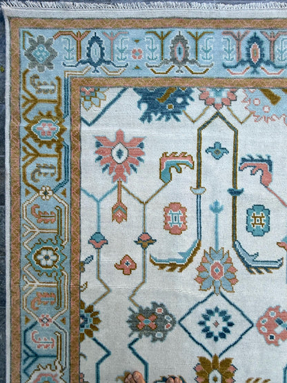 6.2x9.3 ft Oushak Floral Hand Knotted Rug: Wool Area Carpet, Vibrant Transitional Design