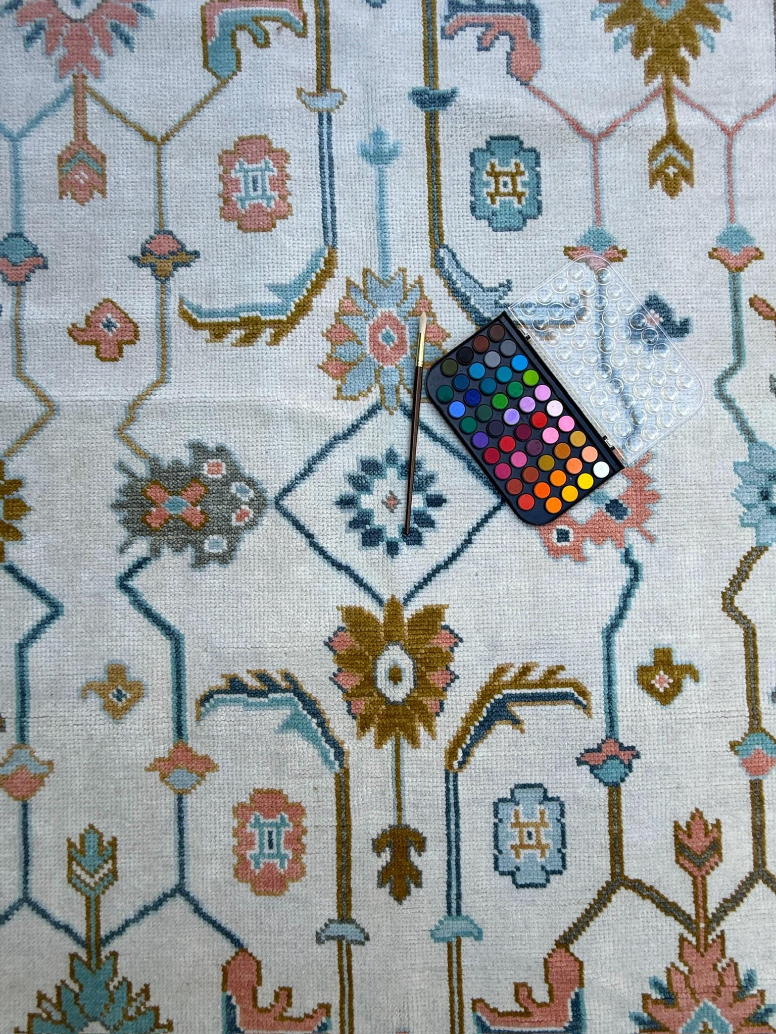6.2x9.3 ft Oushak Floral Hand Knotted Rug: Wool Area Carpet, Vibrant Transitional Design