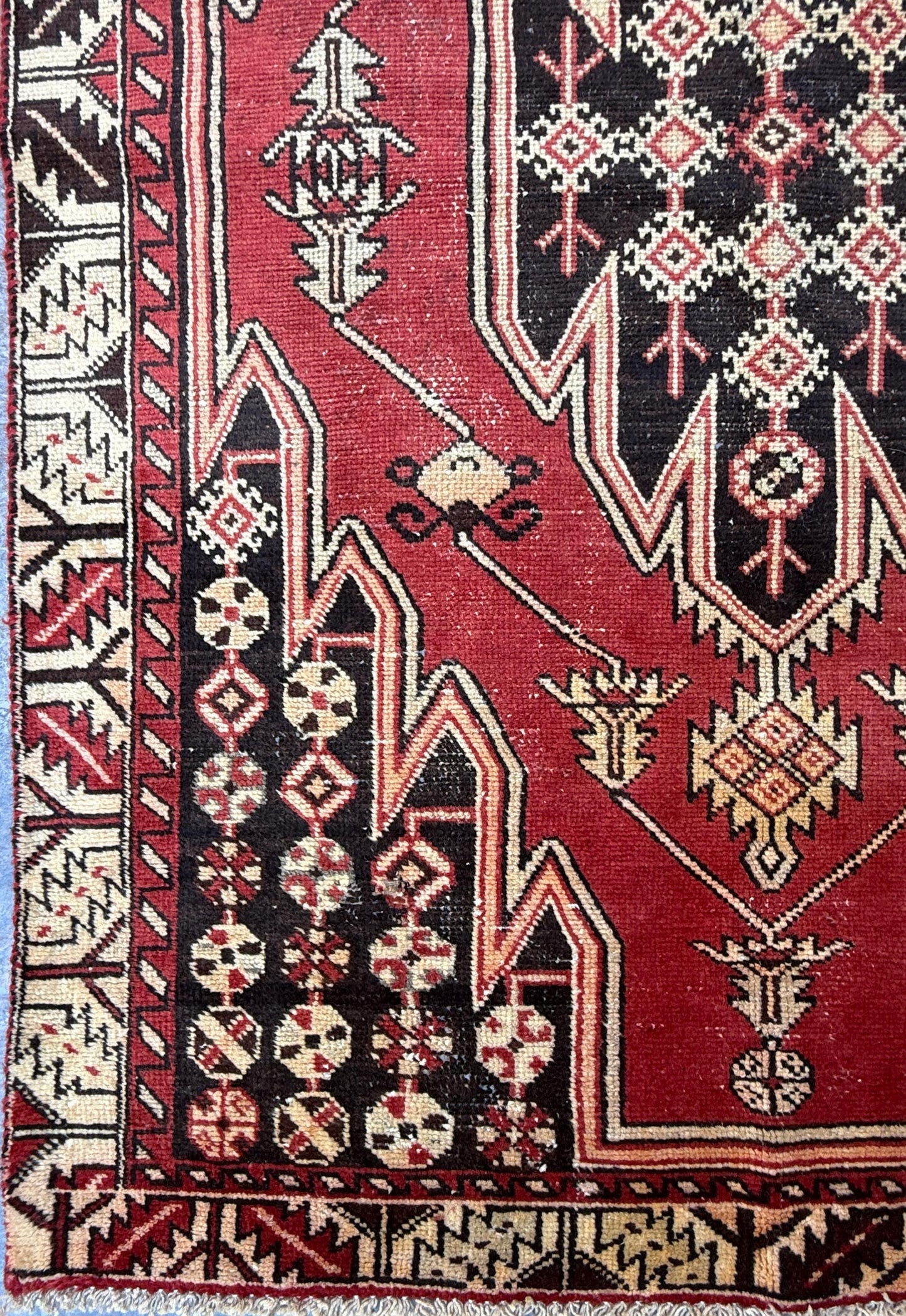 4x6.3 ft. Vintage Turkish Wool Rug: Hand Knotted Anatolian Geometric Carpet 1930s