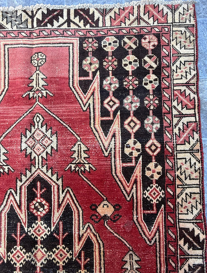 4x6.3 ft. Vintage Turkish Wool Rug: Hand Knotted Anatolian Geometric Carpet 1930s