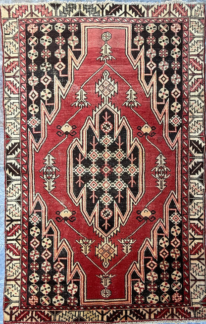 4x6.3 ft. Vintage Turkish Wool Rug: Hand Knotted Anatolian Geometric Carpet 1930s