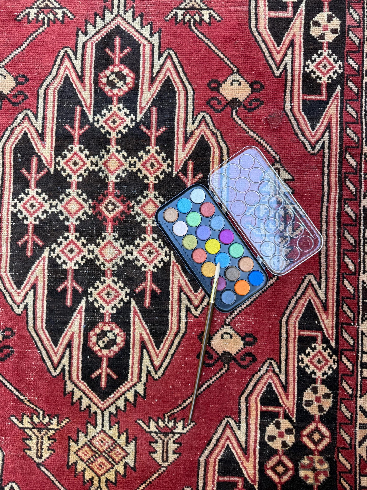 4x6.3 ft. Vintage Turkish Wool Rug: Hand Knotted Anatolian Geometric Carpet 1930s
