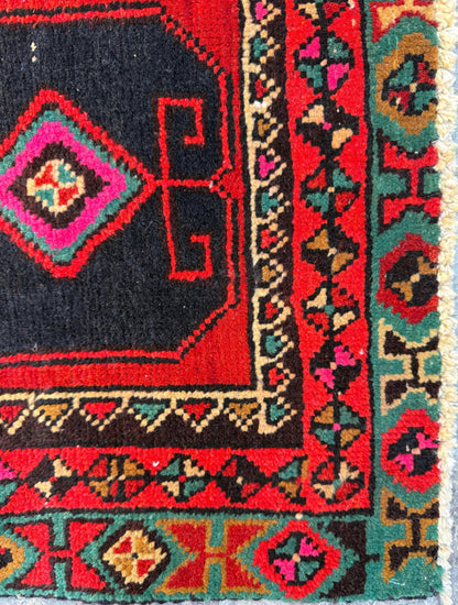 1x3 ft 1930s Village Rug: Hand Knotted Wool Geometric Accent