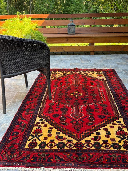4 x 6.5 ft. Hand Knotted Turkish Wool Rug: 1930s Vintage Anatolian Geometric Carpet