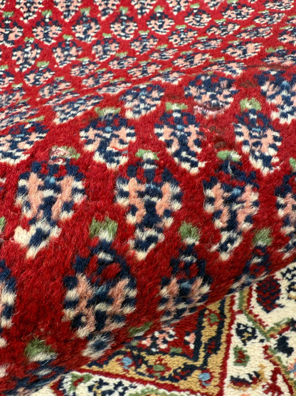 4.3x2.2 ft Vintage 1980s Badam Gul Mir Rug: Hand Knotted Wool Oriental Carpet, Small Geometric Tribal Accent