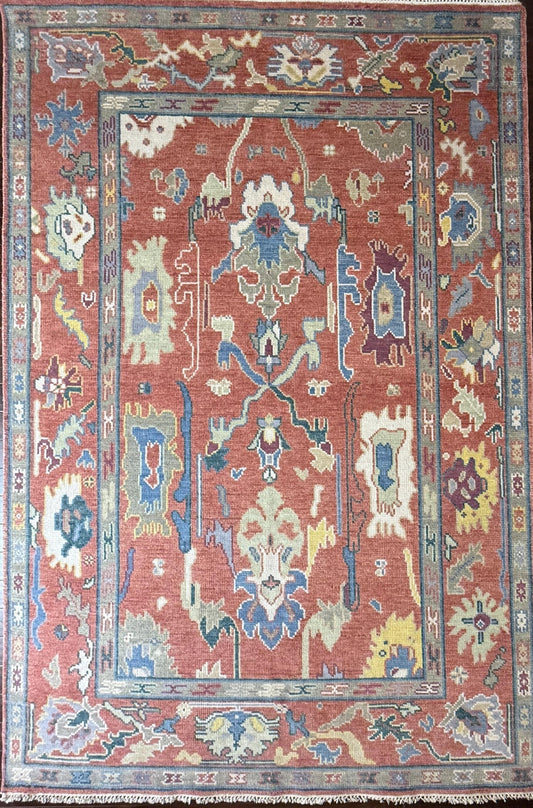 6x9 ft Hand Knotted Oushak Wool Rug: Vintage Style Bohemian Carpet