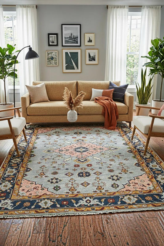 9.4x12 ft Ocean Blue Turkish Oushak Rug: Handmade Modern Multicolored Area Carpet, Contemporary Oriental Design