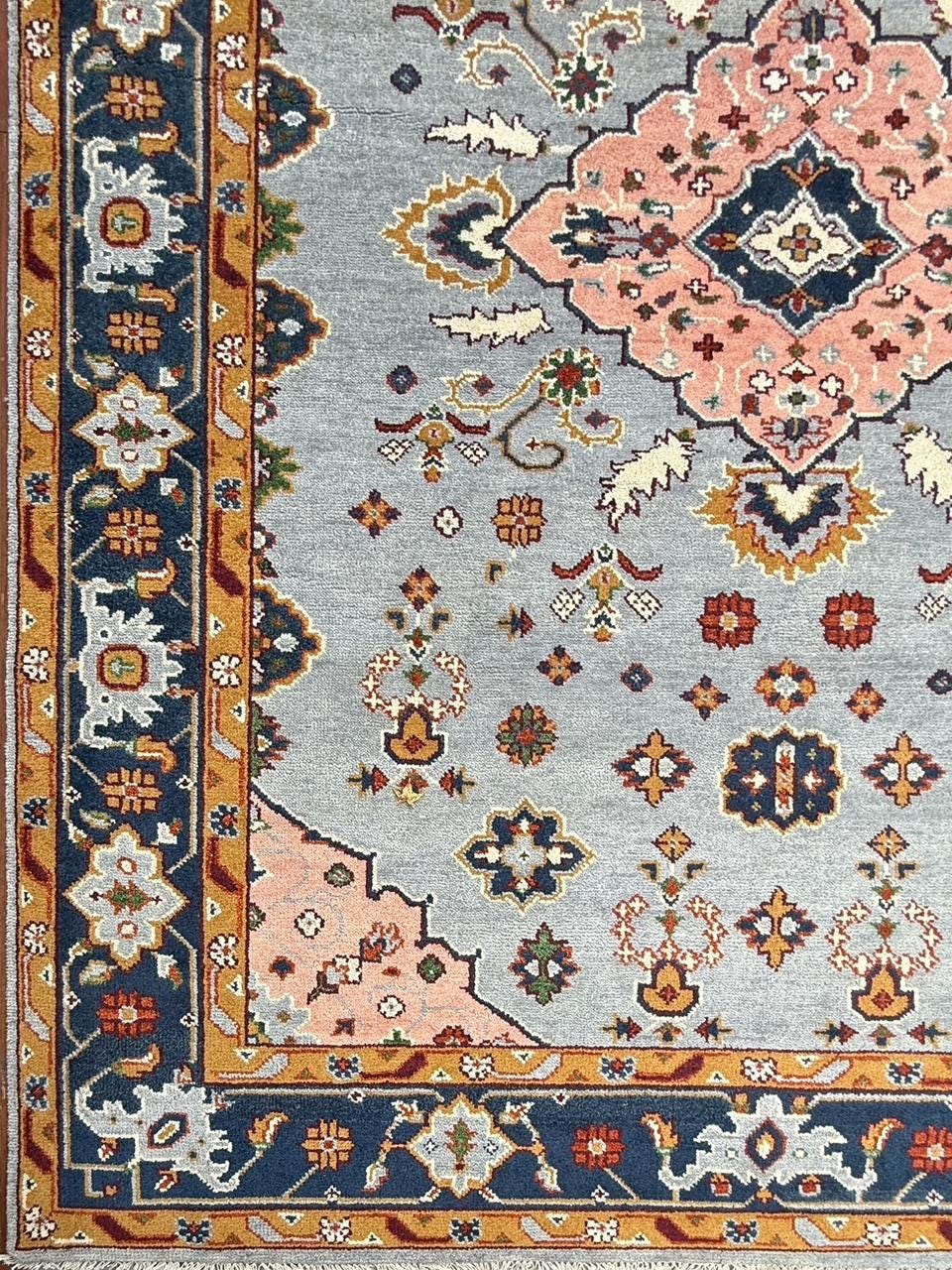 9.4x12 ft Ocean Blue Turkish Oushak Rug: Handmade Modern Multicolored Area Carpet, Contemporary Oriental Design