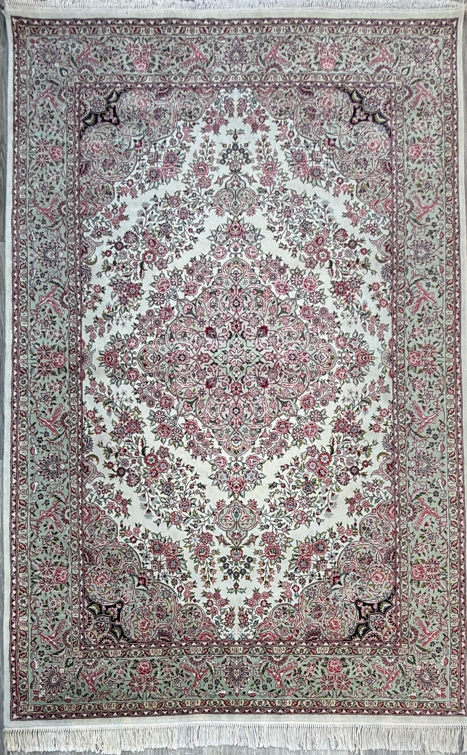 9x6 ft Tabrizz 1970s Vintage Silk Wool Rug: Hand Knotted Oriental Carpet, 400 KPSI