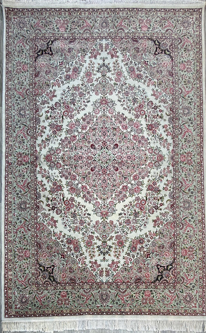 9x6 ft Tabrizz 1970s Vintage Silk Wool Rug: Hand Knotted Oriental Carpet, 400 KPSI