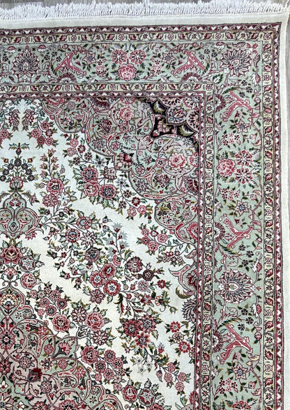 9x6 ft Tabrizz 1970s Vintage Silk Wool Rug: Hand Knotted Oriental Carpet, 400 KPSI