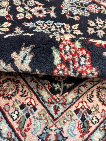 5x3 ft Vintage Agra Rug – Hand Knotted Wool Carpet with Black Floral Tabriz Design