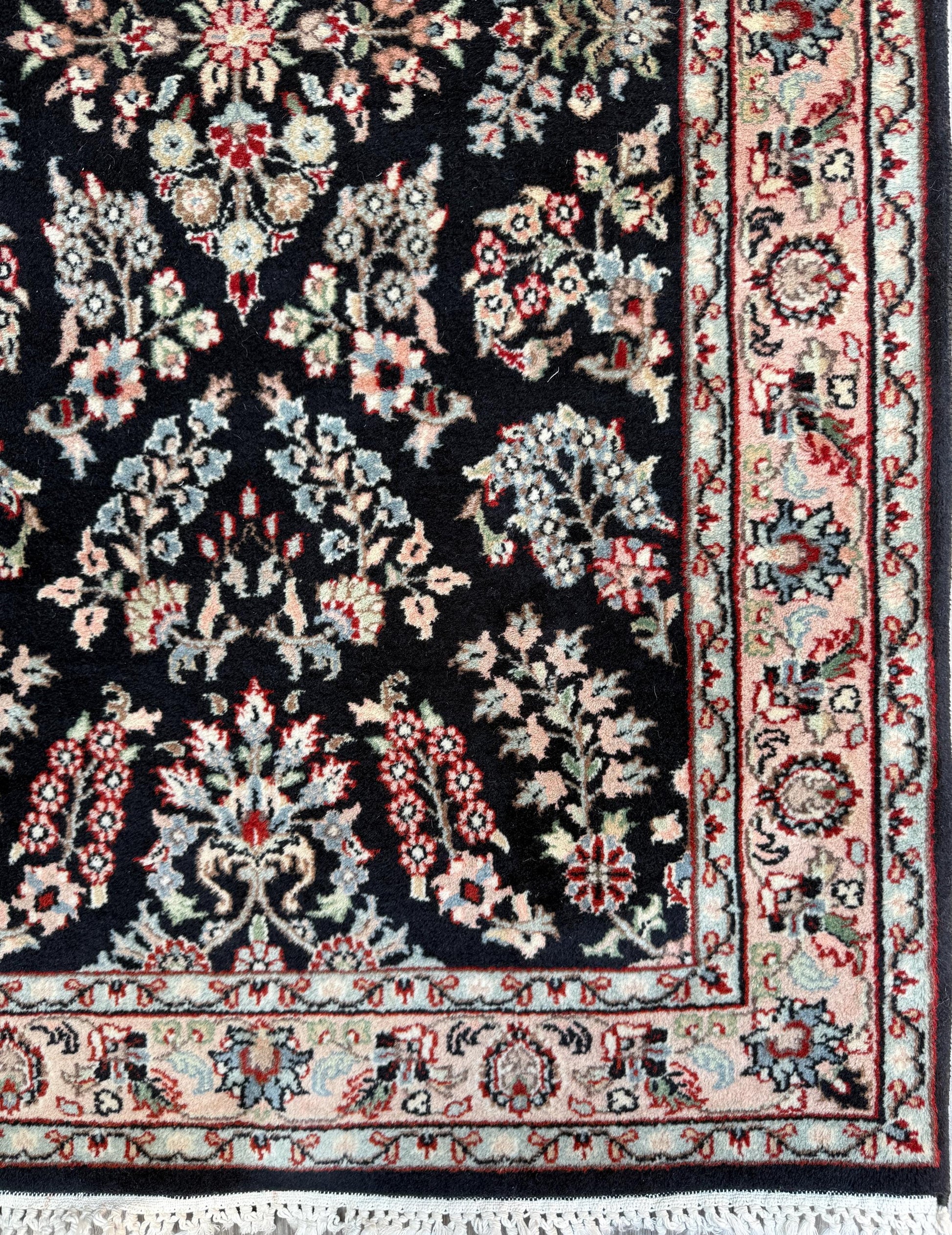 5x3 ft Vintage Agra Rug – Hand Knotted Wool Carpet with Black Floral Tabriz Design