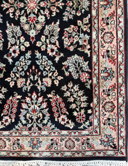 5x3 ft Vintage Agra Rug – Hand Knotted Wool Carpet with Black Floral Tabriz Design