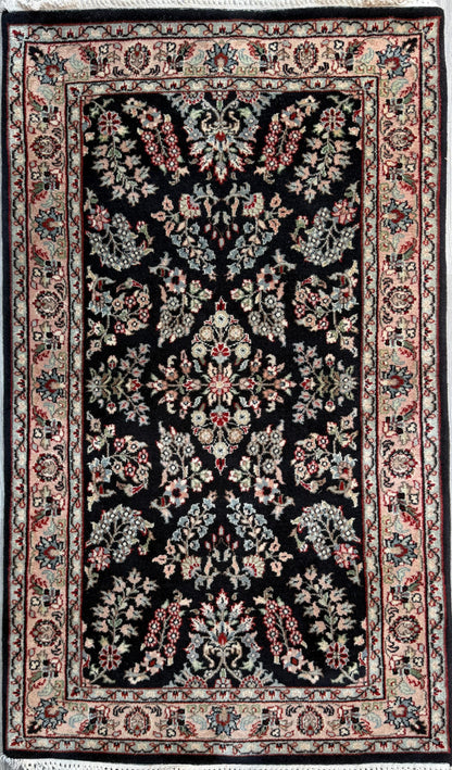 5x3 ft Vintage Agra Rug – Hand Knotted Wool Carpet with Black Floral Tabriz Design