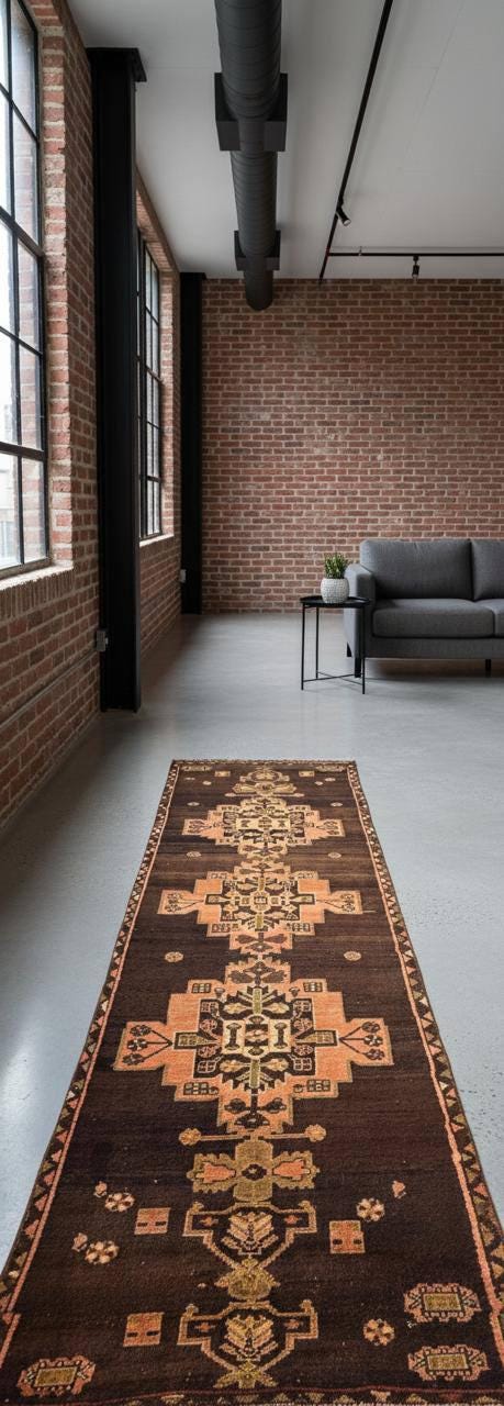 2.8x8.7 ft Vintage 1930s Geometric Runner: Hand Knotted Wool Anatolian Oriental Village Carpet