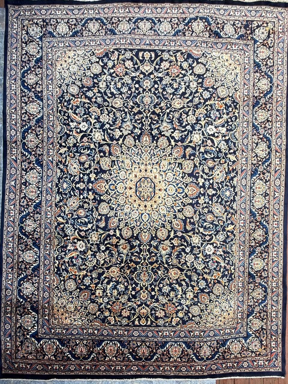 10x12 ft Vintage 1930s Royal Design Rug: Hand Knotted Wool Carpet, Bohemian Oriental Large Area Rug