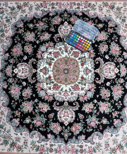 8x8 ft Signed 1970s Hand-Knotted Tabriz Rug: Silk & Wool Vegetable Dye Carpet