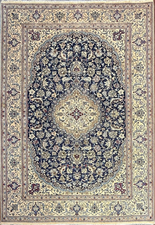 11x8 ft Vintage 1960s Naeen Wool Silk Touch Rug: Hand Knotted Oriental Carpet, Large Area Accent