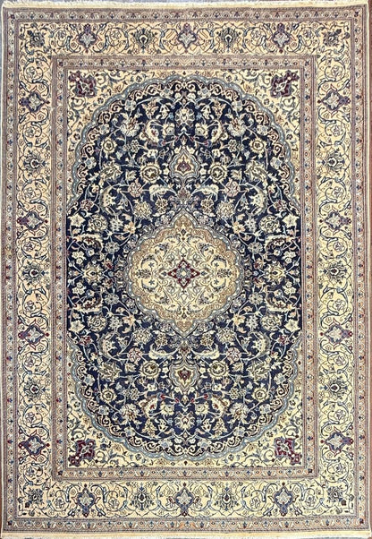 11x8 ft Vintage 1960s Naeen Wool Silk Touch Rug: Hand Knotted Oriental Carpet, Large Area Accent