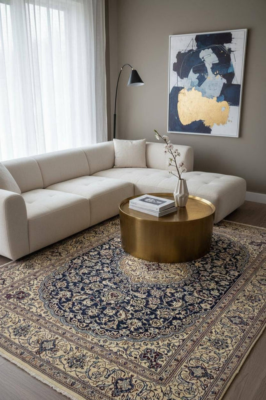 11x8 ft Vintage 1960s Naeen Wool Silk Touch Rug: Hand Knotted Oriental Carpet, Large Area Accent