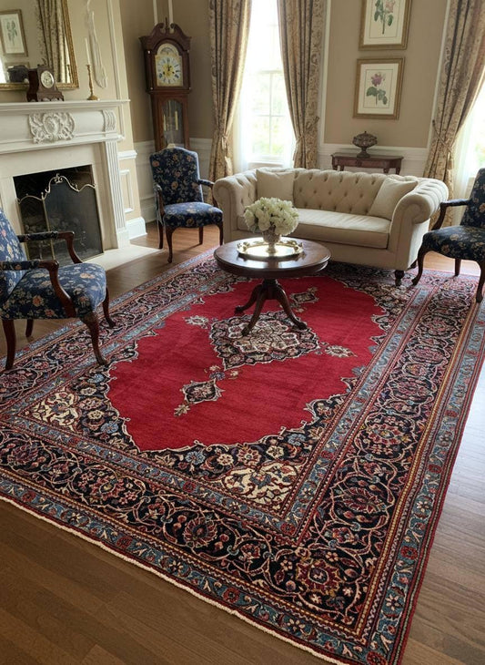 10.3x7.5 ft Vintage Qashoun 1980s Wool Rug: Hand Knotted Traditional Oriental Carpet, Geometric Medallion Area Rug