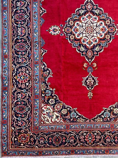 10.3x7.5 ft Vintage Qashoun 1980s Wool Rug: Hand Knotted Traditional Oriental Carpet, Geometric Medallion Area Rug