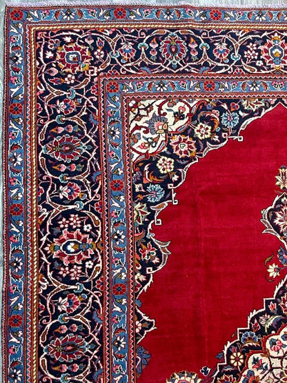 10.3x7.5 ft Vintage Qashoun 1980s Wool Rug: Hand Knotted Traditional Oriental Carpet, Geometric Medallion Area Rug