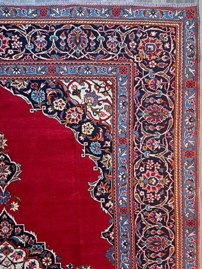 10.3x7.5 ft Vintage Qashoun 1980s Wool Rug: Hand Knotted Traditional Oriental Carpet, Geometric Medallion Area Rug
