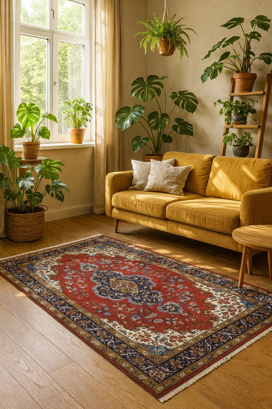 7x4 ft Hand-Knotted Wool Area Rug: Vintage 1970s Fine Kashan Floral Medallion Carpet