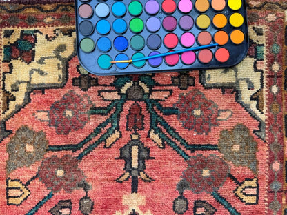 1.10 x 3.2 ft Vintage Wool Runner: 1930s Geometric Farmhouse Rug