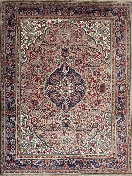 8.4x11.5 ft. Vintage 1940s Kashan Royal Design Rug: Hand Knotted Wool Oriental Bohemian Large Carpet