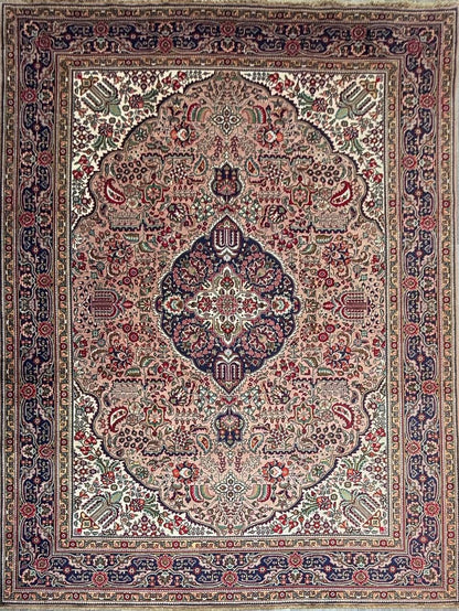8.4x11.5 ft. Vintage 1940s Kashan Royal Design Rug: Hand Knotted Wool Oriental Bohemian Large Carpet
