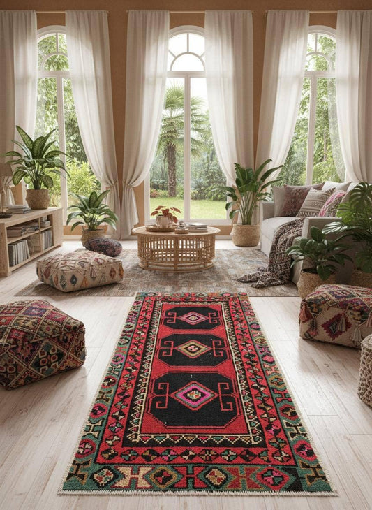 1x3 ft 1930s Village Rug: Hand Knotted Wool Geometric Accent