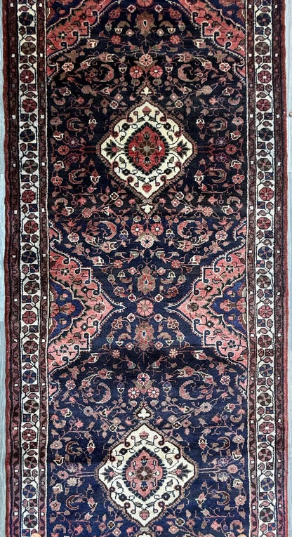 3.8x14 ft Vintage 1940s Anatolian Geometric Runner: Hand Knotted Village Wool Oriental Carpet