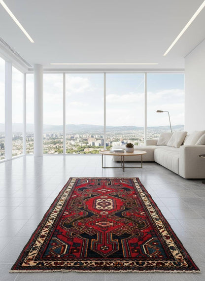4x3 ft Vintage 1950s Hamadan/Qashqai Wool Rug: Hand Knotted Carpet, Geometric Accent