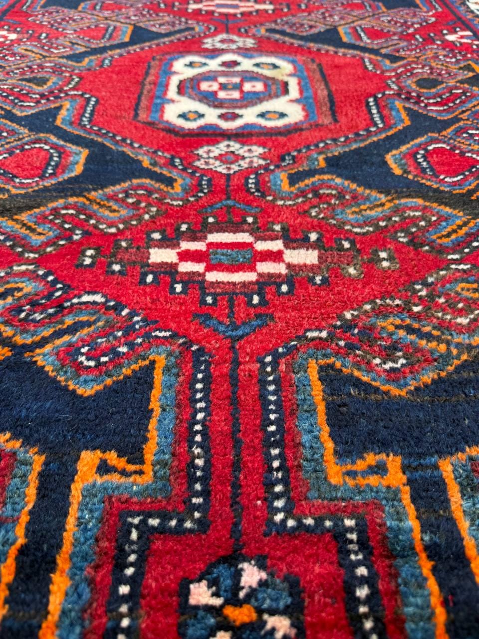 4x3 ft Vintage 1950s Hamadan/Qashqai Wool Rug: Hand Knotted Carpet, Geometric Accent