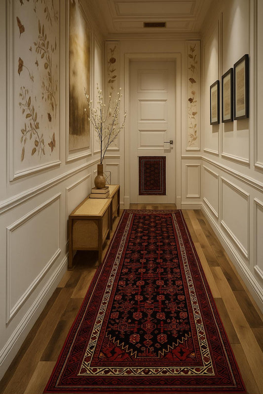 3.5x9.1 ft 1940s Vintage Rug: Hand Knotted Wool Anatolian Village Carpet, Geometric Tribal Design