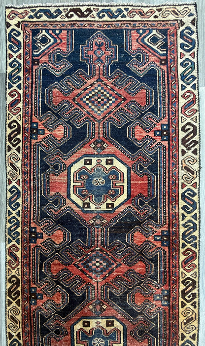 2.10x10 ft Vintage 1940s Anatolian Runner Rug: Hand Knotted Wool Village Carpet, Geometric Tribal Design