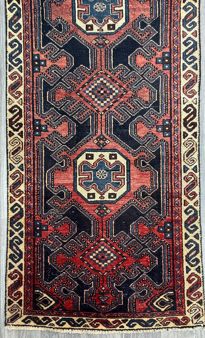 2.10x10 ft Vintage 1940s Anatolian Runner Rug: Hand Knotted Wool Village Carpet, Geometric Tribal Design