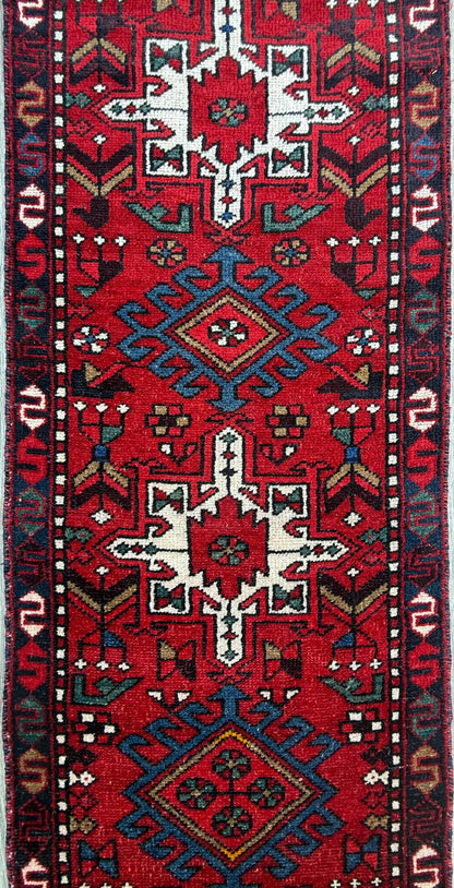 8x2 ft Vintage 1980s Hareez Runner Rug: Hand Knotted Wool Tribal Carpet, Narrow Hallway Rug
