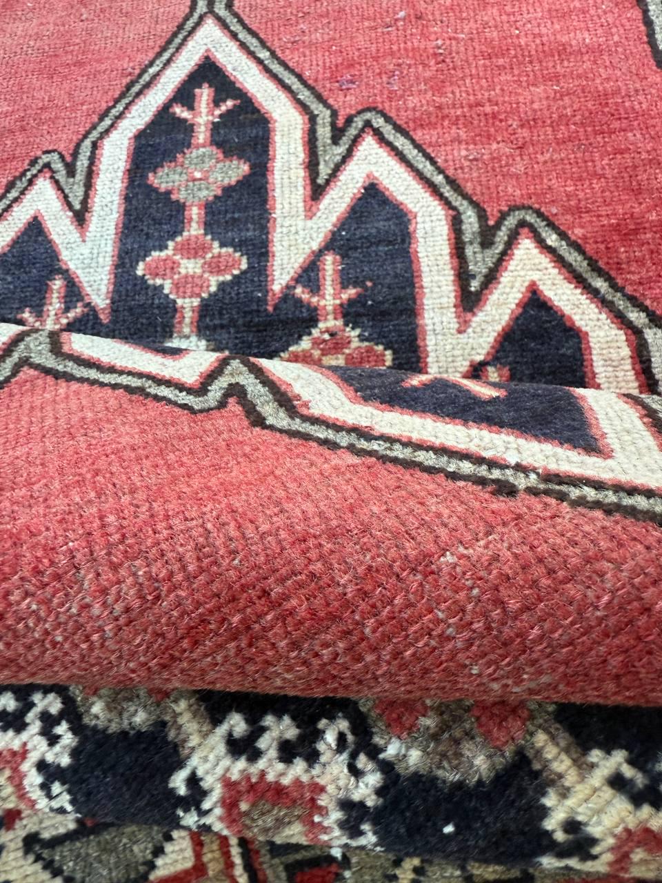 Vintage 1930s Turkish Wool Rug: 3x6 ft Farmhouse Geometric Hand-Knotted Carpet
