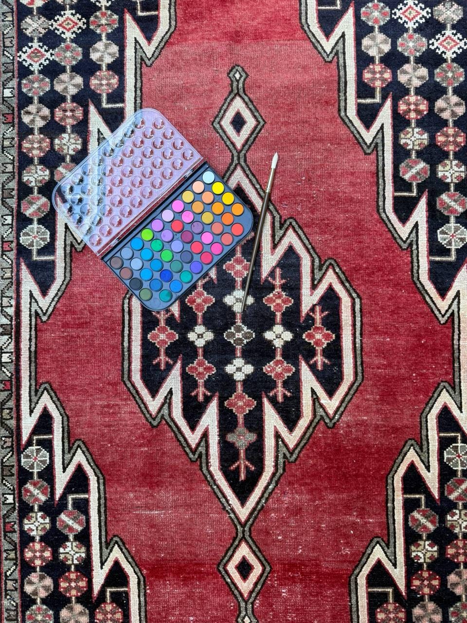 Vintage 1930s Turkish Wool Rug: 3x6 ft Farmhouse Geometric Hand-Knotted Carpet