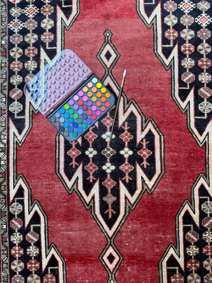 Vintage 1930s Turkish Wool Rug: 3x6 ft Farmhouse Geometric Hand-Knotted Carpet