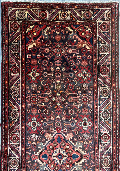 3.8x9.10 ft Vintage 1930s Anatolian: Hand Knotted Wool Village Carpet, Geometric Tribal Design