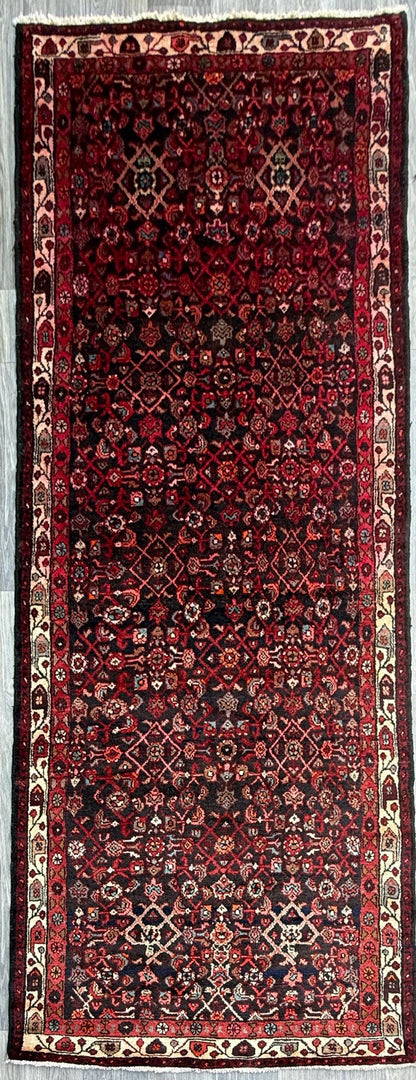 3.9x9.9 ft Vintage 1940s Anatolian Rug: Hand Knotted Wool Village Carpet, Geometric Tribal Design