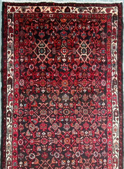 3.9x9.9 ft Vintage 1940s Anatolian Rug: Hand Knotted Wool Village Carpet, Geometric Tribal Design