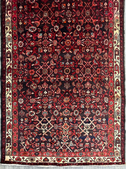 3.9x9.9 ft Vintage 1940s Anatolian Rug: Hand Knotted Wool Village Carpet, Geometric Tribal Design