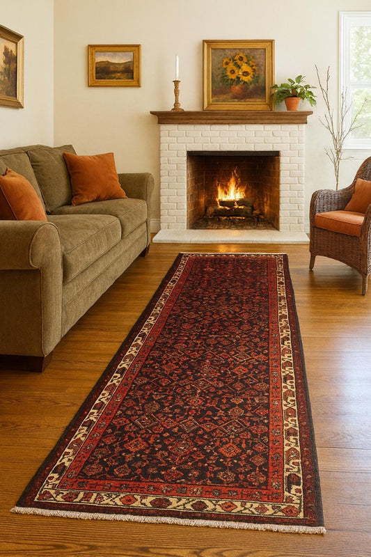 3.9x9.9 ft Vintage 1940s Anatolian Rug: Hand Knotted Wool Village Carpet, Geometric Tribal Design