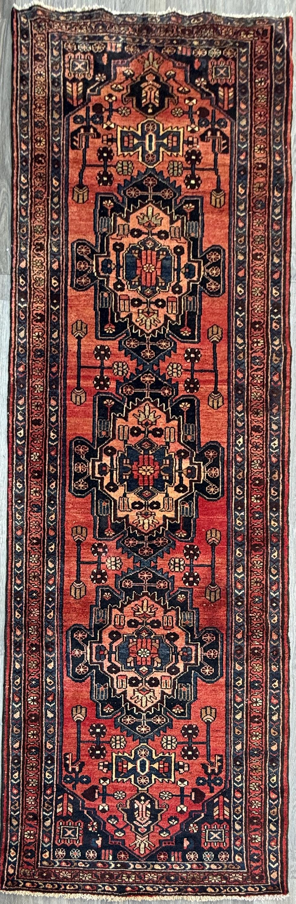 3.2x10.1 ft Vintage 1930s Runner Rug: Hand Knotted Wool Anatolian Farmhouse Village Carpet, Geometric Tribal Design